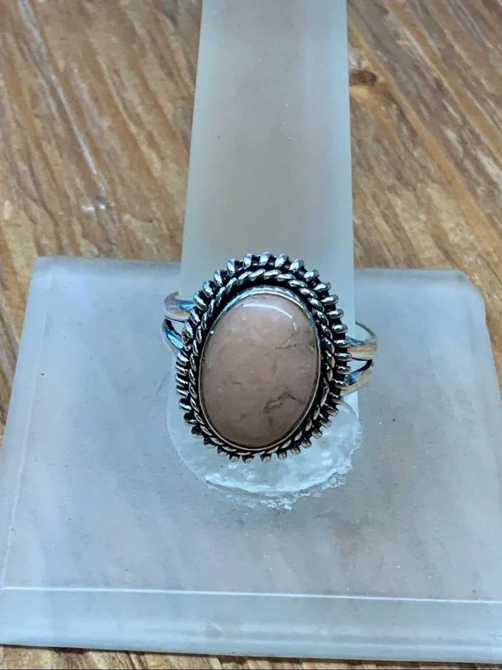Pink Opal Gemstone Oval Cabochon 925 Twisted Rope Edge Ring - 9
